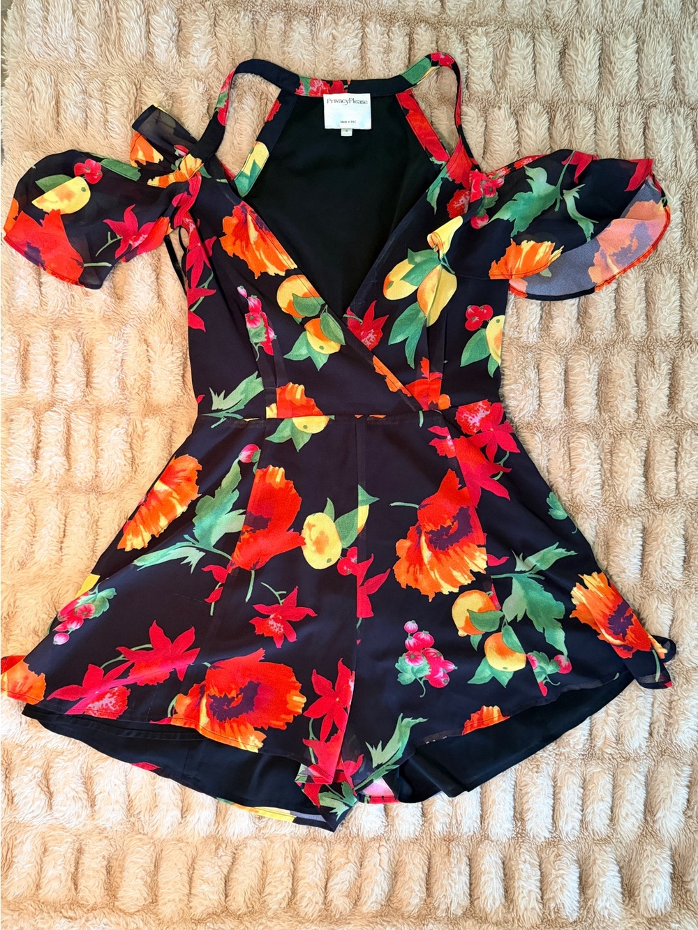 Privacy Please Black Floral Cold-Shoulder Shorts Romper